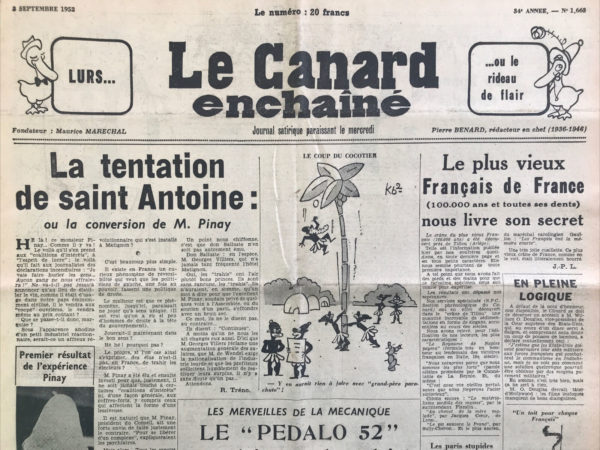 Couac ! | N° 1663 du Canard Enchaîné - 3 Septembre 1952 | Nos Exemplaires du Canard Enchaîné sont archivés dans de bonnes conditions de conservation (obscurité, hygrométrie maitrisée et faible température), ce qui s'avère indispensable pour des journaux anciens. | 1663