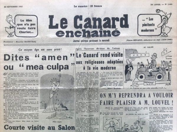 Couac ! | N° 1666 du Canard Enchaîné - 24 Septembre 1952 | Nos Exemplaires du Canard Enchaîné sont archivés dans de bonnes conditions de conservation (obscurité, hygrométrie maitrisée et faible température), ce qui s'avère indispensable pour des journaux anciens. | 1666