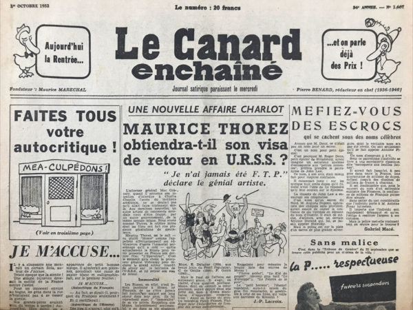 Couac ! | N° 1667 du Canard Enchaîné - 1 Octobre 1952 | Nos Exemplaires du Canard Enchaîné sont archivés dans de bonnes conditions de conservation (obscurité, hygrométrie maitrisée et faible température), ce qui s'avère indispensable pour des journaux anciens. | 1667