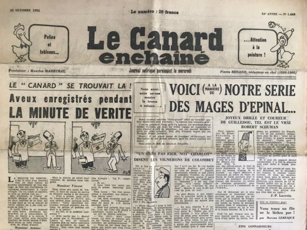 Couac ! | N° 1669 du Canard Enchaîné - 15 Octobre 1952 | Nos Exemplaires du Canard Enchaîné sont archivés dans de bonnes conditions de conservation (obscurité, hygrométrie maitrisée et faible température), ce qui s'avère indispensable pour des journaux anciens. | 1669