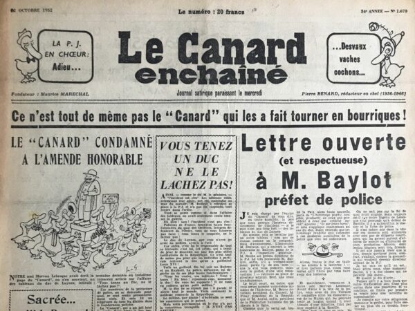 Couac ! | N° 1670 du Canard Enchaîné - 22 Octobre 1952 | Nos Exemplaires du Canard Enchaîné sont archivés dans de bonnes conditions de conservation (obscurité, hygrométrie maitrisée et faible température), ce qui s'avère indispensable pour des journaux anciens. | 1670 e1679122068593