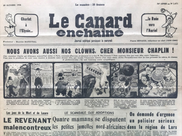 Couac ! | N° 1671 du Canard Enchaîné - 29 Octobre 1952 | Nos Exemplaires du Canard Enchaîné sont archivés dans de bonnes conditions de conservation (obscurité, hygrométrie maitrisée et faible température), ce qui s'avère indispensable pour des journaux anciens. | 1671