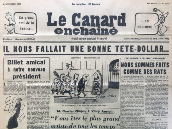 Couac ! | N° 1672 du Canard Enchaîné - 5 Novembre 1952 | Nos Exemplaires du Canard Enchaîné sont archivés dans de bonnes conditions de conservation (obscurité, hygrométrie maitrisée et faible température), ce qui s'avère indispensable pour des journaux anciens. | 1672