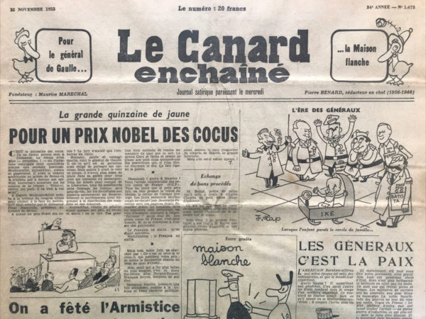 Couac ! | N° 1673 du Canard Enchaîné - 12 Novembre 1952 | Nos Exemplaires du Canard Enchaîné sont archivés dans de bonnes conditions de conservation (obscurité, hygrométrie maitrisée et faible température), ce qui s'avère indispensable pour des journaux anciens. | 1673