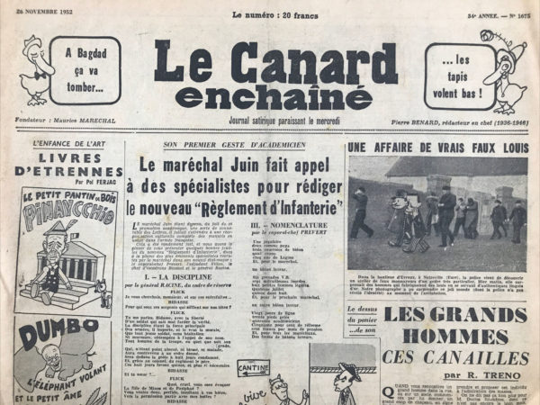 Couac ! | N° 1675 du Canard Enchaîné - 26 Novembre 1952 | Nos Exemplaires du Canard Enchaîné sont archivés dans de bonnes conditions de conservation (obscurité, hygrométrie maitrisée et faible température), ce qui s'avère indispensable pour des journaux anciens. | 1675