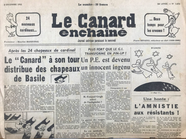 Couac ! | N° 1676 du Canard Enchaîné - 3 Décembre 1952 | Nos Exemplaires du Canard Enchaîné sont archivés dans de bonnes conditions de conservation (obscurité, hygrométrie maitrisée et faible température), ce qui s'avère indispensable pour des journaux anciens. | 1676