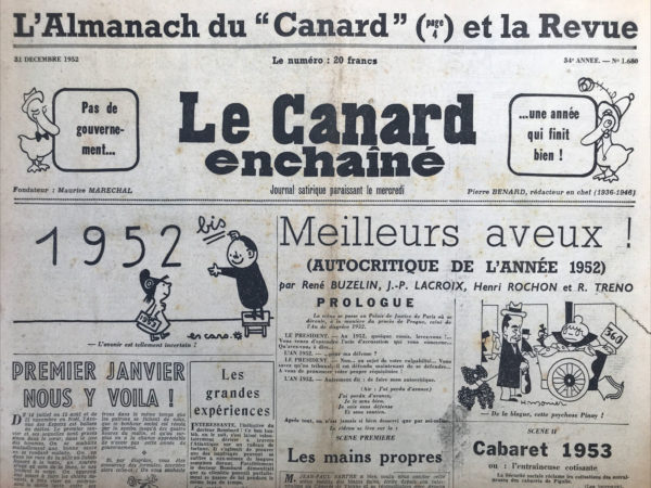 Couac ! | N° 1680 du Canard Enchaîné - 31 Décembre 1952 | Nos Exemplaires du Canard Enchaîné sont archivés dans de bonnes conditions de conservation (obscurité, hygrométrie maitrisée et faible température), ce qui s'avère indispensable pour des journaux anciens. | 1680