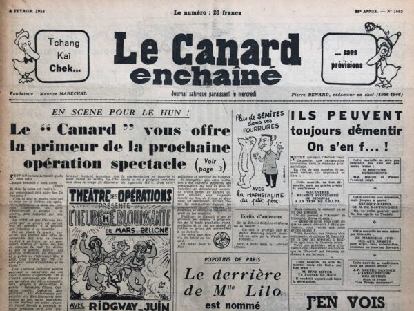 Couac ! | N° 1685 du Canard Enchaîné - 4 Février 1953 | Tchang Kaï Chek ... sans provisions - M. François Mauriac a fait le mur, R. Treno - Weygand le général qu'on ne salue pas - Cinéma: Viva Zapata !... | 1685 1