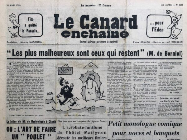 Couac ! | N° 1690 du Canard Enchaîné - 11 Mars 1953 | Mort de Staline - Au salon des canarts ménagers - Cinéma: L'affaire de Trinidad avec Rita Hayworth et Glenn Ford. Georges Brassens -Maurice Chevalier - Marcel Achard - Serge Lifar - | 1690 1