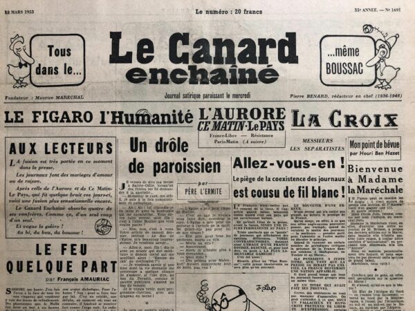 Couac ! | N° 1691 du Canard Enchaîné - 18 Mars 1953 | Fusions dans la presse - La medecine américaine ausculte Malenkov, successeur de Staline - Cinéma: les vacances de Monsieur Hulot, une bien meilleure critique - Bourvil - Léon-Paul Fargue - | 1691 4