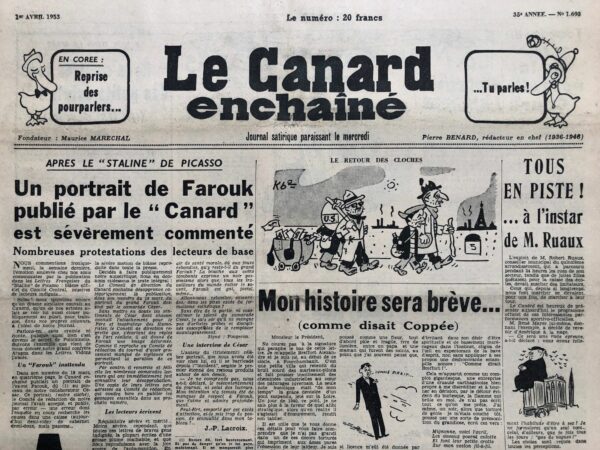 Couac ! | N° 1693 du Canard Enchaîné - 1 Avril 1953 | Robert Ruaux, le Roi Farouk, guerre de Corée, leroy-ladurie, rené mayer - Cinéma: sous le plus grand chapiteau du monde - cecil B. de Mille - Jean Anouilh très "en Médée" - | 1693 2