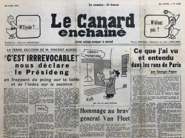 Couac ! | N° 1695 du Canard Enchaîné - 15 Avril 1953 | Vincent Auriol - Jacques Soustelle - Van Fleet, Eisenhower - Etats-tampons - Paix en Corée - URSS - USA - Aragon ou le luth final - Cinéma: La croisette, nous voilà !... - | 1695 1