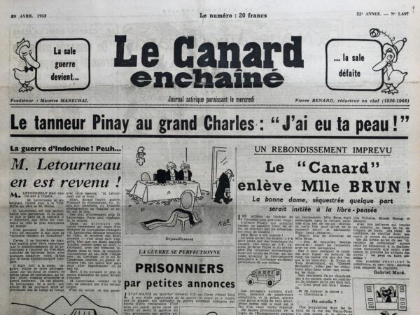 Couac ! | N° 1697 du Canard Enchaîné - 29 Avril 1953 | Georges BRASSENS révélé au public dans un article "Allez, Georges Brassens !" signé René FALLET, après l'avoir vu aux Trois Baudets. Indochine - Letourneau - Dulles - Conférence de Paris - Cannes: Clouzot gagnant - | 1697 2