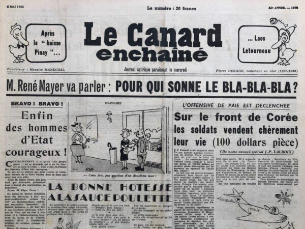 Couac ! | N° 1698 du Canard Enchaîné - 6 Mai 1953 | Indochine - Laos - Corée - Pinay - Schumann - Letourneau - Mayer - Le pavé dans la mare: le revers de la merdaille - Alfred Jarry n'avait rien vu : UBU-ROI 1953 - A la rôtissoire : Jouhandeau se fait montrer de l'index - | 1698 1