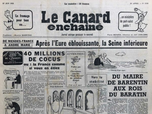 Couac ! | N° 1704 du Canard Enchaîné - 17 Juin 1953 | 40 millions de cocus ou : la France comme si vous y étiez - Article "Folies douces" de René Fallet à propos de la sortie du premier livre de Georges Brassens La Tour des Miracles. A la rôtissoire : Montherlant ouvre la série des "classiques pas morts" - | 1704 1