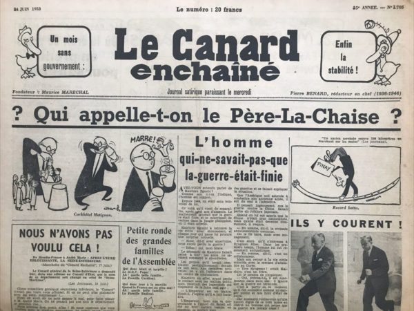 Couac ! | N° 1705 du Canard Enchaîné - 24 Juin 1953 | Conférence des Bermudes - Pinay - Bidault - Faure - Laniel - insurrection des Mau Mau au Kenya : entre les deux Mau-Mau il faut choisir le moindre - A la rôtissoire : Alexandre Sartre et Jean-Paul Dumas - | 1705