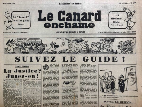 Couac ! | N° 1709 du Canard Enchaîné - 22 Juillet 1953 | Suivez le guide ! Justice militaire - Hotel Matignon - Pan Mun Jom - Mitterrand - Bidault - Reynaud - | 1709 1