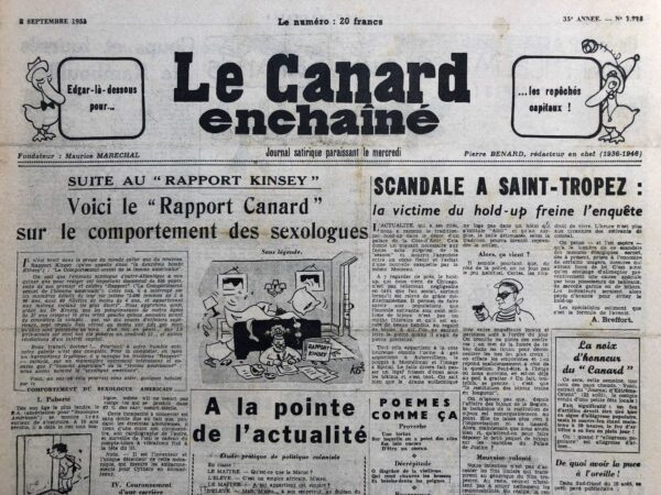 Couac ! | N° 1715 du Canard Enchaîné - 2 Septembre 1953 | Rapport Kinsey ou deuxième bombe Kinsey sur le comportement sexuel de la femme americaine - Laniel - Bidault - Auriol - Bao Daï - | 1715 2