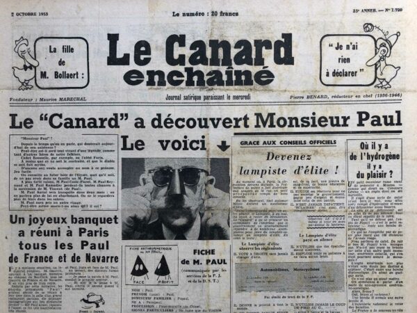 Couac ! | N° 1720 du Canard Enchaîné - 7 Octobre 1953 | Où il est question de Monsieur Paul, resté célèbre dans l'affaire des piastres ou affaire des généraux - Pinay - de Gaulle - Queuille - Auriol - Le "Canard" au salon de l'auto - Cinéma : Quo vadis, Peter Ustinov, Robert Taylor - Jean Louis Barrault - | 1720 1