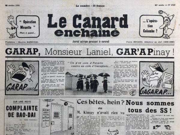 Couac ! | N° 1723 du Canard Enchaîné - 28 Octobre 1953 | "GARAP" fameuse affiche de la semaine mondiale de la publicité qui fit couler de l'encre en octobre 1953 - Sartre - Aragon - Lagniel - Bao Daï - Cinéma : Martine Carol dans Lucrèce Borgia - Le Récital d'Yves Montand - A la rôtisserie : Bourvil entre dans l'Histoire - | 1723 1