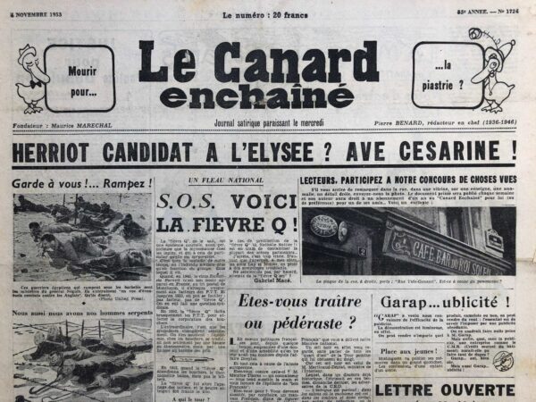 Couac ! | N° 1724 du Canard Enchaîné - 4 Novembre 1953 | Herriot candidat à l'Elysée ? - Lettre ouverte à M. Mendès France - Le sultan et Juin ou l'art de tourner casaque - Cinéma : Le filet - A la rôtissoire : Le comité Nobel dans : " "il est mi-prix, docteur Schweitzer " - | 1724 1