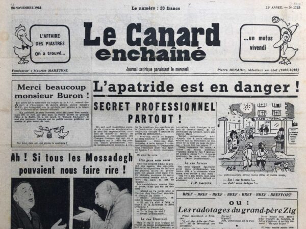 Couac ! | N° 1726 du Canard Enchaîné - 18 Novembre 1953 | L'affaire des piastres - Mossadegh - de Gaulle - Des "réserves" pour les touristes pauvres, Morvan Lebesque. faussement numéroté 1753 | 1726 1