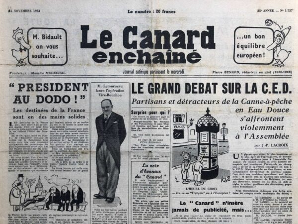 Couac ! | N° 1727 du Canard Enchaîné - 25 Novembre 1953 | Bidault - Letourneau - Débat sur la C.E.D. - Théâtre: Pierre Brasseur dans Kean, de Jean-Paul Sartre | 1727 1