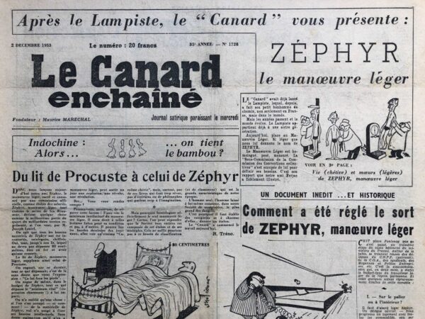 Couac ! | N° 1728 du Canard Enchaîné - 2 Décembre 1953 | Et voilà Zéphyr, le "manoeuvre léger" qui supplante le "Lampiste" désormais d'un autre temps. Zéphyr touche le "smig", son animal de compagnie préféré et se contente du minimum vital. Il est l'archétype d'une nouvelle catégorie de français qui ne demandera pas son reste, crée en sous-commission ministérielle de façon opportune. | 1728 1