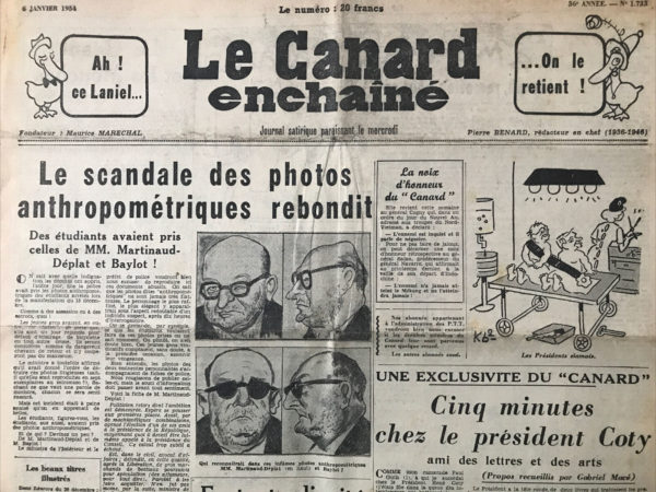 Couac ! | N° 1733 du Canard Enchaîné - 6 Janvier 1954 | Ah ! ce Laniel... On le retient ! - Cinq minutes chez le président Coty, par Gabriel Macé qui décrit sa visiste imaginaire à L'Elysée avec le président Coty... - A la rôtissoire : le Pape à la télévision - Théâtre: grands travaux autour du T.N.P. Jean Vilar - Cinéma: Amour britannique - Anne Vernon, Alec Guinness - | 1733