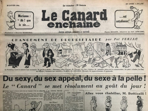 Couac ! | N° 1734 du Canard Enchaîné - 13 Janvier 1954 | Marianne: "Ah ! que la vie... est cotydienne !" - Auriol - Coty - Indochine - piastres - Minute Papini ! - Marquis de Cuevas - A la rôtissoire: Pierre-Aimé Touchard - Sacha Guitry - | 1734