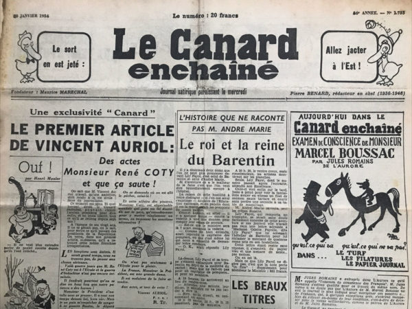 Couac ! | N° 1735 du Canard Enchaîné - 20 Janvier 1954 | Le premier article de Vincent Auriol: Des actes Monsieur René COTY et que ça saute ! - Travaux de l'Assemblée - Herriot - Jane Russel - Charles Trenet et Doris Duke - | 1735