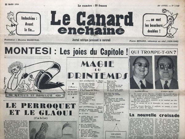 Couac ! | N° 1743 du Canard Enchaîné - 17 Mars 1954 | Indochine : Avant la fin...on met les bouchers doubles ! - Le perroquet et le glaoui, par Gabriel Macé - Einstein, par Morvan lebesque - Joe la terreur - Joe McCarthy - La C.E.D. divise tous les partis - Cinéma : Touchez pas au grisbi réalisé par Jacques Becker, avec Jean Gabin (Max), René Dary (Riton), Jeanne Moreau (Josy), Lino Ventura (Angelo) - Lettres : L'été d'Albert Camus par René Fallet - | 1743