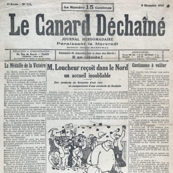 Couac ! | N° 175 du Canard Enchaîné - 5 Novembre 1919 | Nos Exemplaires du Canard Enchaîné sont archivés dans de bonnes conditions de conservation (obscurité, hygrométrie maitrisée et faible température), ce qui s'avère indispensable pour des journaux anciens. | 175