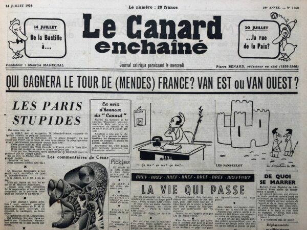 Couac ! | N° 1760 du Canard Enchaîné - 14 Juillet 1954 | Indochine - Schumann - Mendes-France - Bao Daï - Ho Chi Minh - Si  Mendès-France est de la Revue - . François Mauriac et le père François - Une génération de cobayes, par Morvan Lebesque - En marge de Genève, à la recherche des occasions perdues - Vivent les vacances ! - Lettre ouverte mais respectueuse à Madame la Présidente - La voie aux chapitres, par René Fallet à propos de Normance, Louis Ferdinand Céline - | 1760 1