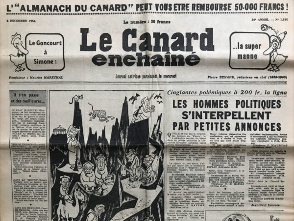 Couac ! | N° 1781 du Canard Enchaîné - 8 Décembre 1954 | Une imprudence, une bêtise ....,par R. Tréno - Cet article de R. Tréno expose de manière poignante et incisive l'indifférence et l'injustice face aux violences et aux injustices subies par les populations marocaines à Oujda. Tréno commence par souligner l'ironie de la réaction du public français, qui est ému et révolté par le racisme aux États-Unis mais reste indifférent aux événements tragiques à Oujda. Il critique ensuite le silence de l'opinion publique française et des autorités judiciaires face aux révélations choquantes d'abus policiers et judiciaires à Oujda. Tréno met en lumière l'attitude méprisante des autorités, représentées par le commissaire du gouvernement, qui minimisent les morts comme une simple "imprudence grave". Il dénonce également l'absence de réaction de la part des députés et de la société civile française, soulignant le racisme institutionnel qui sous-tend cette indifférence. Enfin, Tréno conclut en critiquant ironiquement le manque de compassion de la société française envers les victimes marocaines, appelant à reconnaître le racisme comme la cause fondamentale de ces injustices. Il adresse un appel à l'avocat Maurice Garçon, lui suggérant sarcastiquement de passer outre ces questions dérangeantes et de se concentrer sur des divertissements tels que le théâtre. En résumé, l'article de Tréno met en lumière les failles morales et politiques de la société française de l'époque, mettant en exergue l'indifférence sélective et le racisme structurel qui persistent dans la réponse aux injustices subies par les populations colonisées. Couscous au Canard II, l'usine à fellagas, par P. Laroche - | 1781