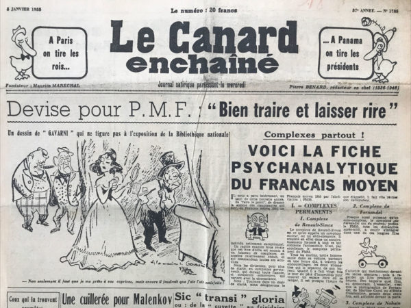 Couac ! | N° 1785 du Canard Enchaîné - 5 Janvier 1955 | Nos Exemplaires du Canard Enchaîné sont archivés dans de bonnes conditions de conservation (obscurité, hygrométrie maitrisée et faible température), ce qui s'avère indispensable pour des journaux anciens. | 1785