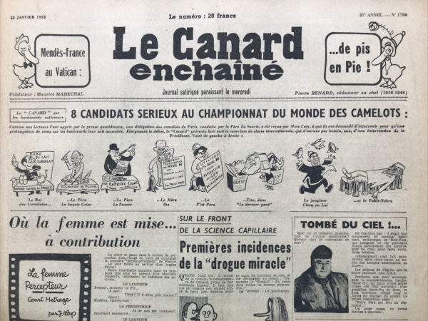 Couac ! | N° 1786 du Canard Enchaîné - 12 Janvier 1955 | Nos Exemplaires du Canard Enchaîné sont archivés dans de bonnes conditions de conservation (obscurité, hygrométrie maitrisée et faible température), ce qui s'avère indispensable pour des journaux anciens. | 1786