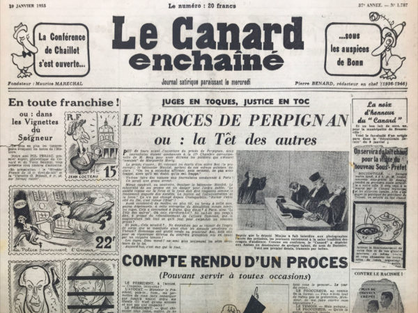 Couac ! | N° 1787 du Canard Enchaîné - 19 Janvier 1955 | Nos Exemplaires du Canard Enchaîné sont archivés dans de bonnes conditions de conservation (obscurité, hygrométrie maitrisée et faible température), ce qui s'avère indispensable pour des journaux anciens. | 1787