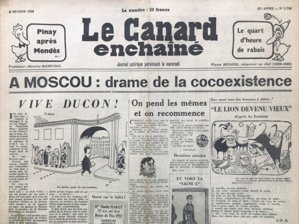 Couac ! | N° 1790 du Canard Enchaîné - 9 Février 1955 | Vive Ducon ! par R. Tréno - Mendès France renversé avec son gouvernement, Tréno ne se fait pas d'illusion quant à la médiocrité du successeur que l'Assemblée désignera: Pinay ou un autre... | 1790