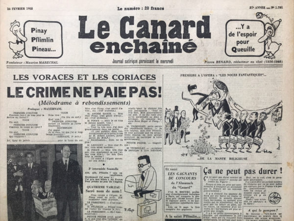 Couac ! | N° 1791 du Canard Enchaîné - 16 Février 1955 | Nos Exemplaires du Canard Enchaîné sont archivés dans de bonnes conditions de conservation (obscurité, hygrométrie maitrisée et faible température), ce qui s'avère indispensable pour des journaux anciens. | 1791