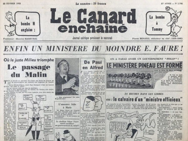 Couac ! | N° 1792 du Canard Enchaîné - 23 Février 1955 | Nos Exemplaires du Canard Enchaîné sont archivés dans de bonnes conditions de conservation (obscurité, hygrométrie maitrisée et faible température), ce qui s'avère indispensable pour des journaux anciens. | 1792