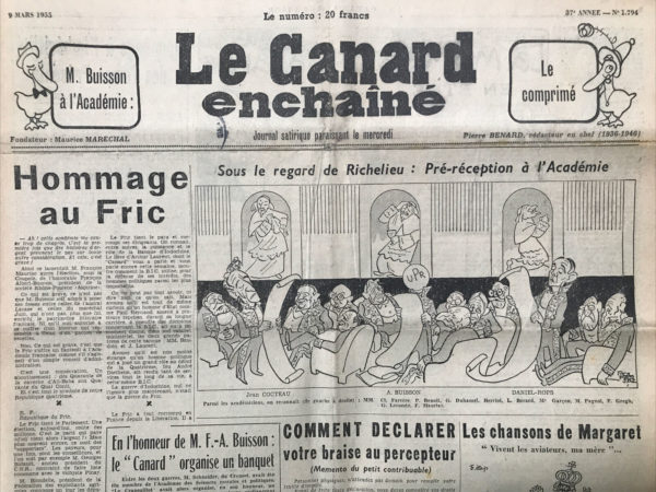 Couac ! | N° 1794 du Canard Enchaîné - 9 Mars 1955 | SOUS LE REGARD DE RICHELIEU: PRE-RECEPTION A L'ACADEMIE/JEAN COCTEAU ET DANIEL ROPS DEBOUTS LISANT LEUR DISCOURS DEVANT LES ACADEMICIENS ASSIS-L'AIGLE A DEUX TETES/CARICATURE DE COCTEAU-OU J.L. BARRAULT ADHERE AU MOUVEMENT DADA/PHOTO NUMERO EQUESTRE. | 1794