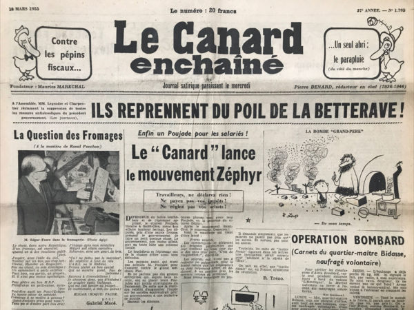 Couac ! | N° 1795 du Canard Enchaîné - 16 Mars 1955 | Nos Exemplaires du Canard Enchaîné sont archivés dans de bonnes conditions de conservation (obscurité, hygrométrie maitrisée et faible température), ce qui s'avère indispensable pour des journaux anciens. | 1795