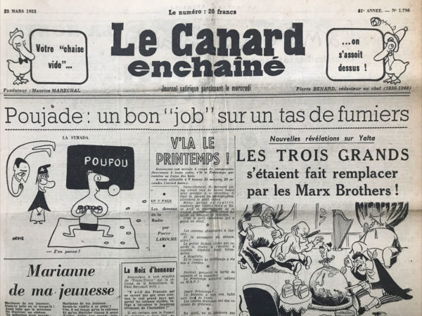 Couac ! | N° 1796 du Canard Enchaîné - 23 Mars 1955 | Nos Exemplaires du Canard Enchaîné sont archivés dans de bonnes conditions de conservation (obscurité, hygrométrie maitrisée et faible température), ce qui s'avère indispensable pour des journaux anciens. | 1796