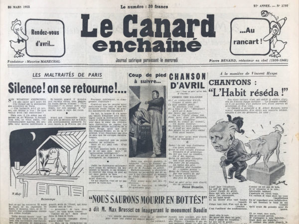 Couac ! | N° 1797 du Canard Enchaîné - 30 Mars 1955 | Nos Exemplaires du Canard Enchaîné sont archivés dans de bonnes conditions de conservation (obscurité, hygrométrie maitrisée et faible température), ce qui s'avère indispensable pour des journaux anciens. | 1797