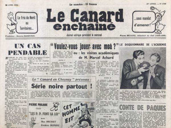 Couac ! | N° 1799 du Canard Enchaîné - 13 Avril 1955 | Nos Exemplaires du Canard Enchaîné sont archivés dans de bonnes conditions de conservation (obscurité, hygrométrie maitrisée et faible température), ce qui s'avère indispensable pour des journaux anciens. | 1799