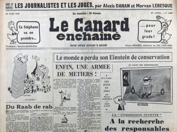 Couac ! | N° 1800 du Canard Enchaîné - 20 Avril 1955 | La " Commission Cuvette" - A la recherche des responsables de Dien-Bien-Phu, par R. Tréno - D'un côté ou de l'autre de la barre : d'Argenlieu, Bidault, Letourneau, Coste-Floret, Pleven, Laniel, Bollaert, Pignon, Moutet, Navarre, Valluy, sans oublier franchini... | 1800