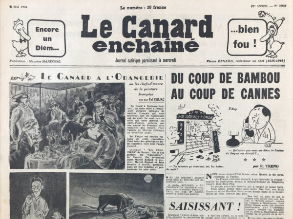 Couac ! | N° 1802 du Canard Enchaîné - 4 Mai 1955 | Nos Exemplaires du Canard Enchaîné sont archivés dans de bonnes conditions de conservation (obscurité, hygrométrie maitrisée et faible température), ce qui s'avère indispensable pour des journaux anciens. | 1802