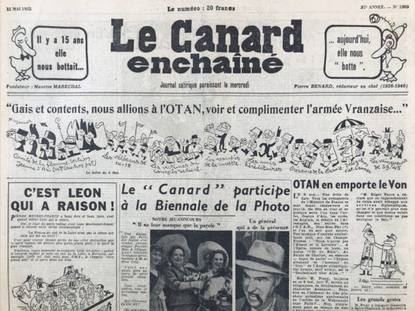 Couac ! | N° 1803 du Canard Enchaîné - 11 Mai 1955 | Nos Exemplaires du Canard Enchaîné sont archivés dans de bonnes conditions de conservation (obscurité, hygrométrie maitrisée et faible température), ce qui s'avère indispensable pour des journaux anciens. | 1803