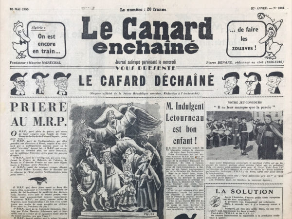 Couac ! | N° 1805 du Canard Enchaîné - 25 Mai 1955 | Nos Exemplaires du Canard Enchaîné sont archivés dans de bonnes conditions de conservation (obscurité, hygrométrie maitrisée et faible température), ce qui s'avère indispensable pour des journaux anciens. | 1805